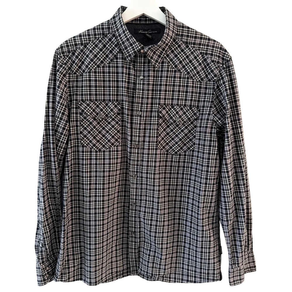 Kenneth Cole New York Mens Black White Plaid Pearl Snap Western Shirt Large L